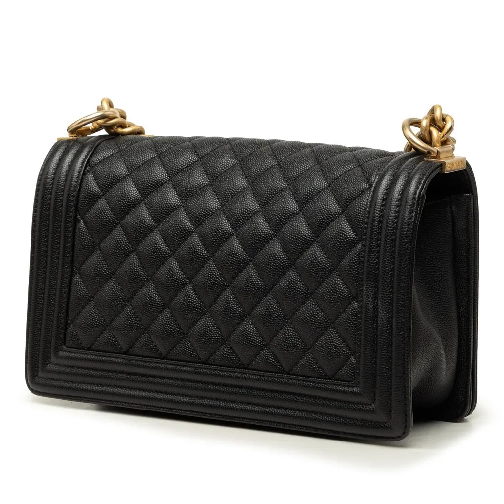 Chanel Old Medium Quilted Caviar Boy Flap Black Leather Very good - Back View