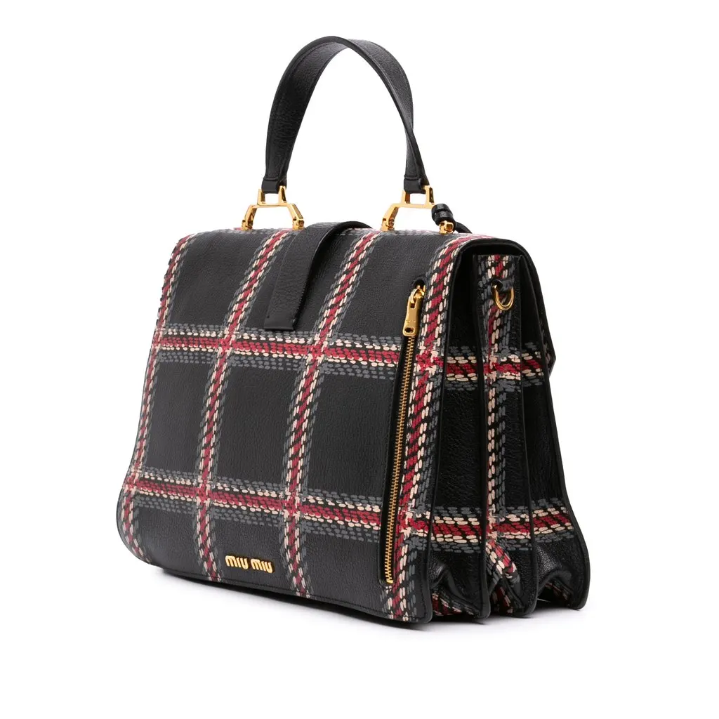 Miu Miu Printed Goatskin Madras Top Handle Bag Black Leather Very good - Back View