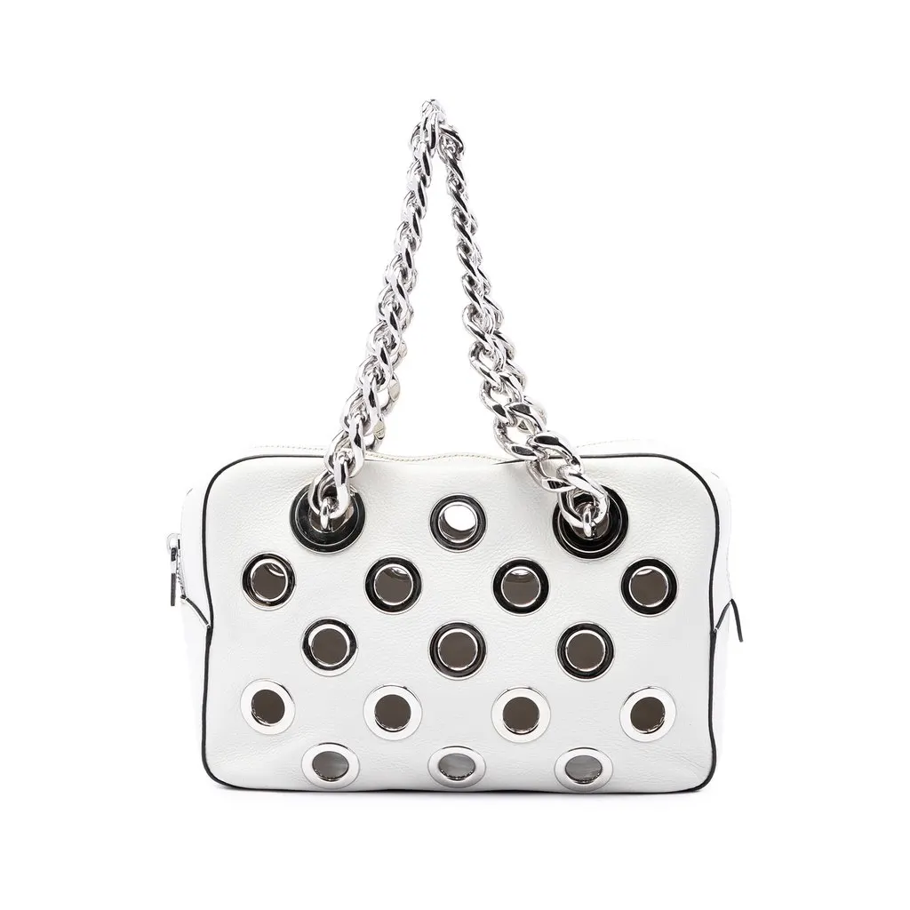 Prada Vitello Daino Grommet Chain Shoulder Bag White Leather Very good - Front View