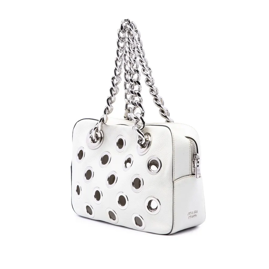 Prada Vitello Daino Grommet Chain Shoulder Bag White Leather Very good - Back View