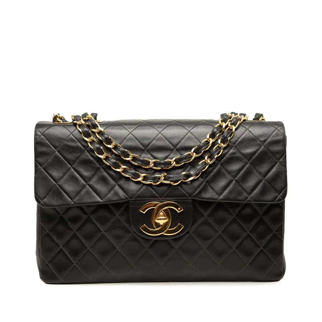 Chanel Maxi XL Classic Lambskin Single Flap Black Leather Good - Front View