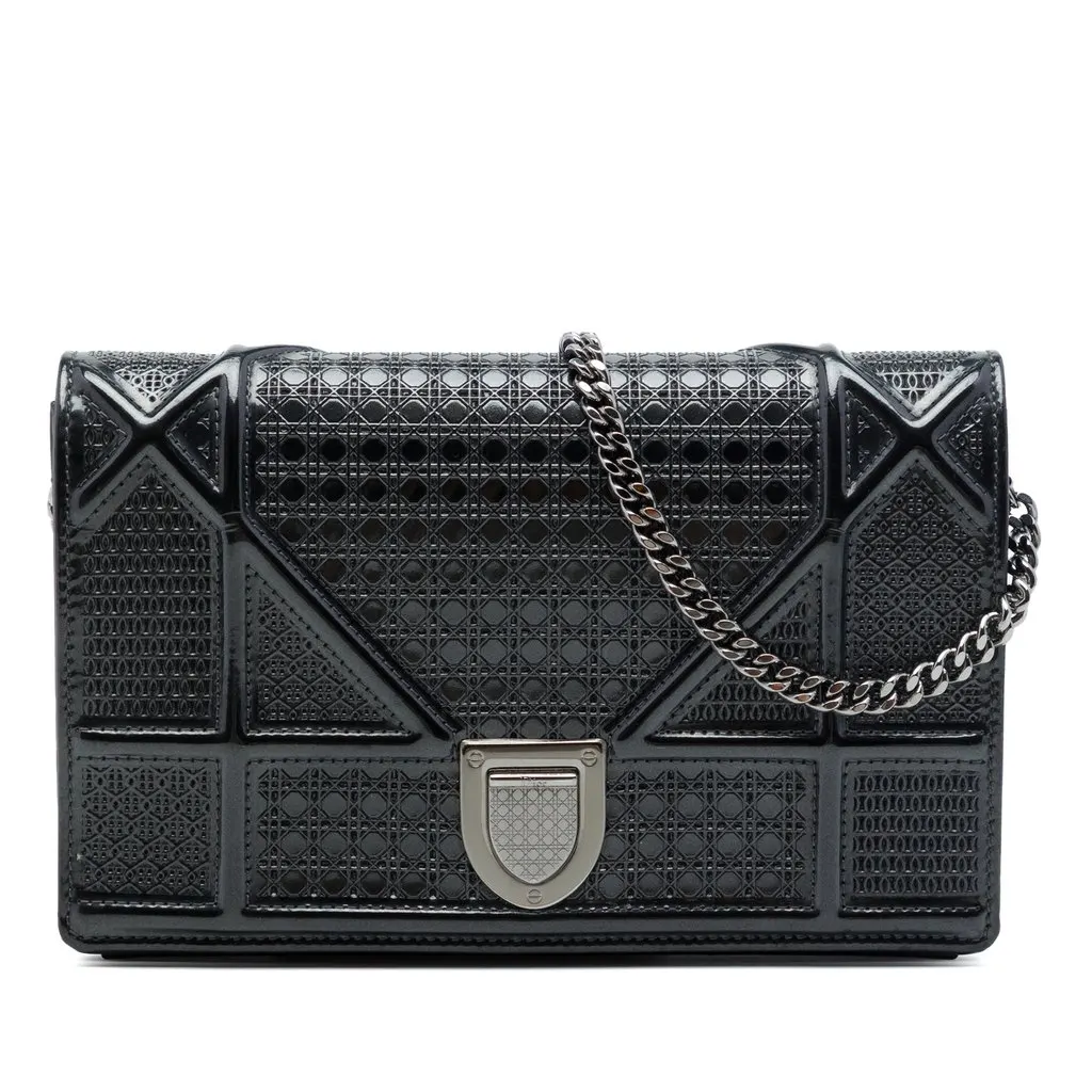 Dior Metallic Patent Microcannage Diorama Wallet on Chain Black Leather Very good - Front View