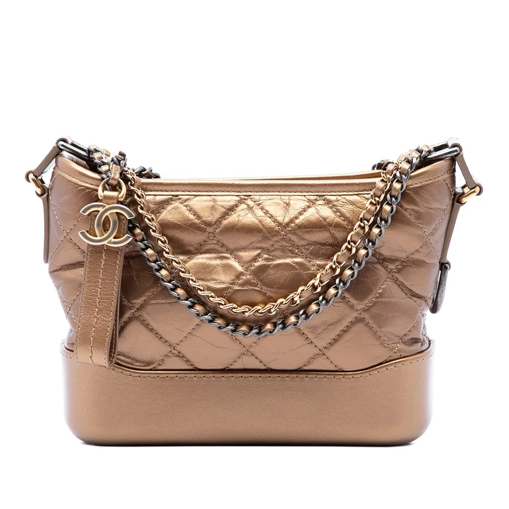 Chanel Small Quilted Metallic Aged Calfskin Gabrielle Hobo Brown Leather Very good - Front View