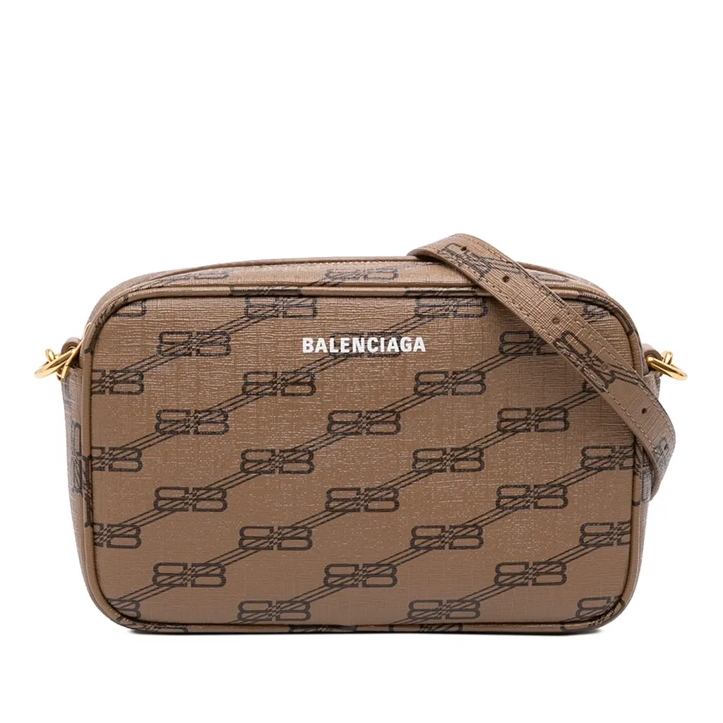 Balenciaga Small BB Monogram Coated Canvas Signature Camera Bag Brown Canvas Good - Front View