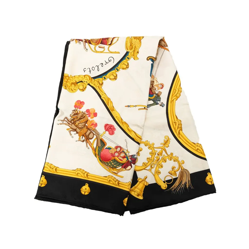 Hermès Plumes et Grelots Silk Scarf 90 White Very good - Front View