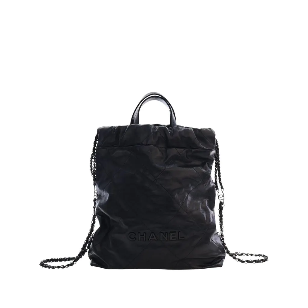 Chanel Large Quilted Shiny Calfskin 22 Backpack Black Leather Very good - Front View