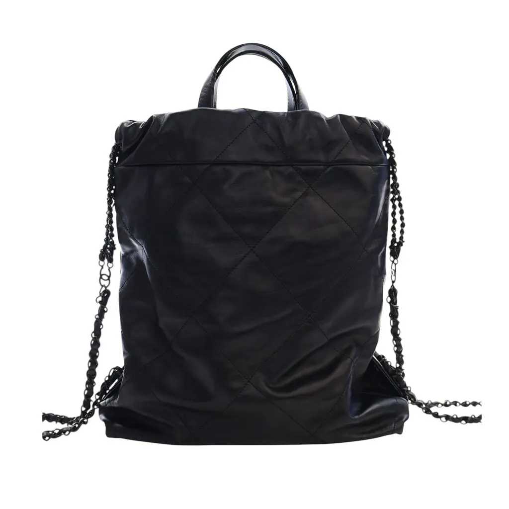 Chanel Large Quilted Shiny Calfskin 22 Backpack Black Leather Very good - Back View