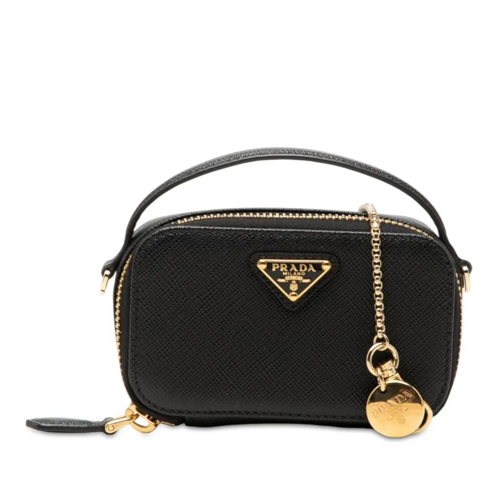 Prada Mini Saffiano Pouch Black Leather Good - Front View
