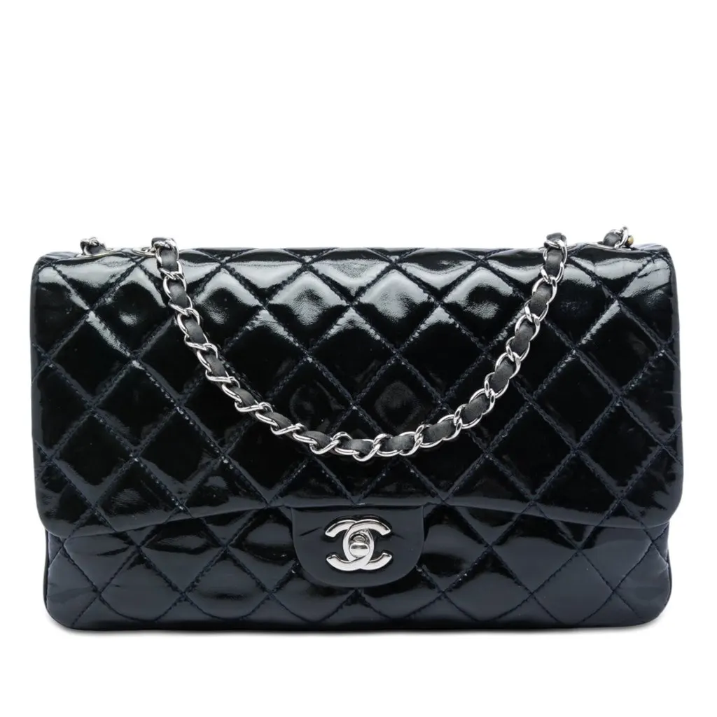 Chanel Jumbo Quilted Patent 3 Compartment Flap Blue Leather Very good - Front View