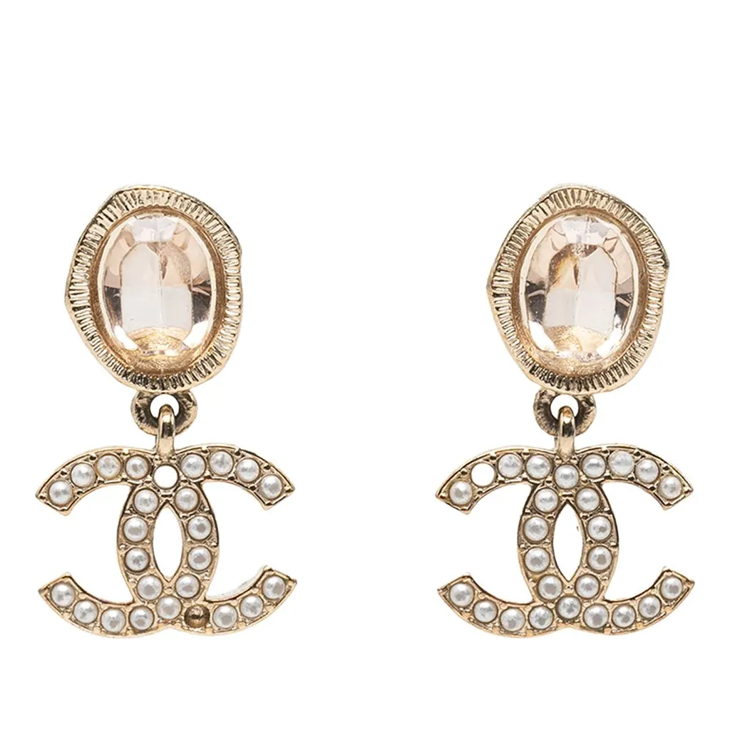 Chanel CC Gold Plated Crystal and Faux Pearl Drop Bullet Back Earrings Gold Metal Very good - Front View