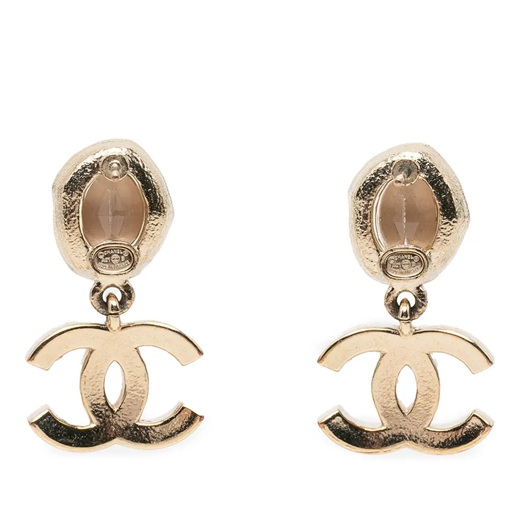 Chanel CC Gold Plated Crystal and Faux Pearl Drop Bullet Back Earrings Gold Metal Very good - Back View