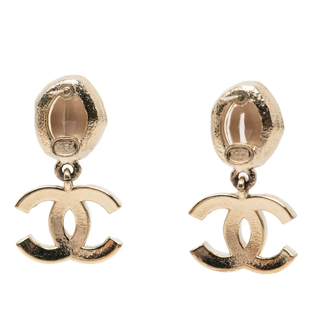 Chanel CC Gold Plated Crystal and Faux Pearl Drop Bullet Back Earrings Gold Metal Very good - Inside View