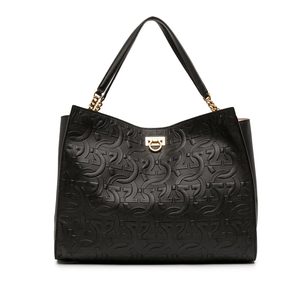 Salvatore Ferragamo Gancini Embossed Calfskin Trifolio Tote Black Leather Good - Front View