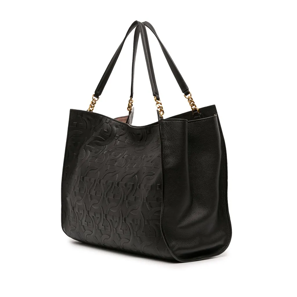 Salvatore Ferragamo Gancini Embossed Calfskin Trifolio Tote Black Leather Good - Back View