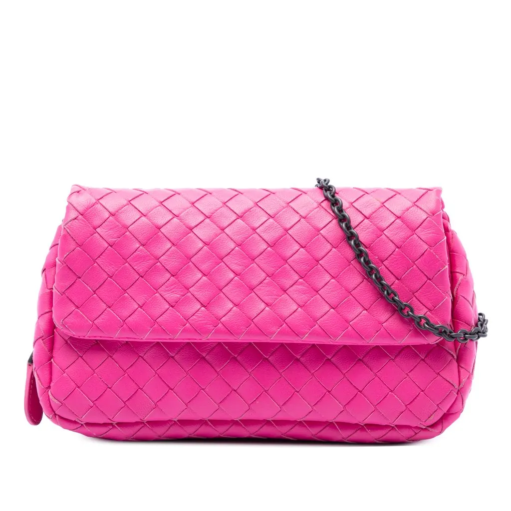 Bottega Veneta Mini Nappa Intrecciato Expandable Chain Flap Crossbody Pink Leather Very good - Front View