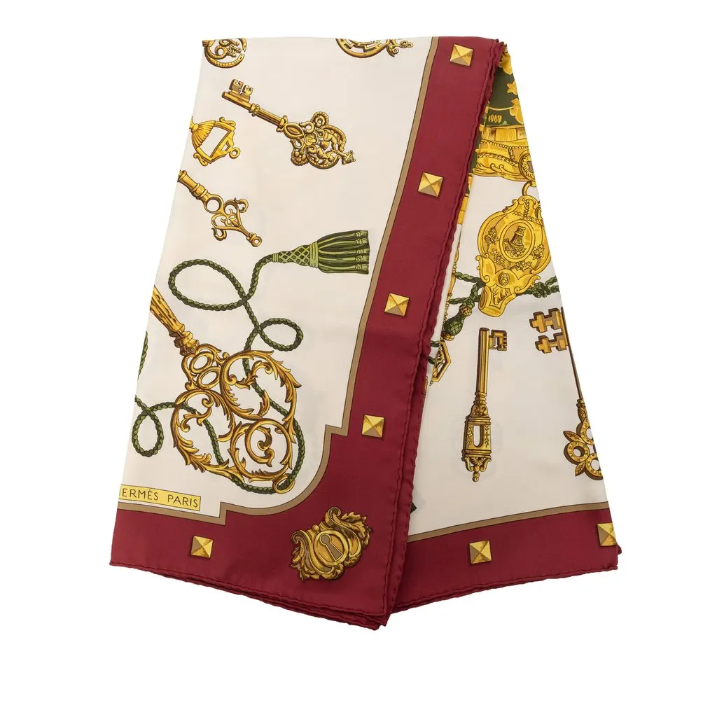 Hermès Les Cles Silk Scarf 90 White Very good - Front View