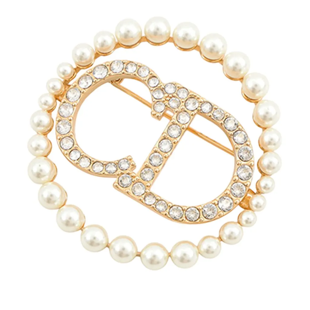 Dior Gold Plated Faux Pearl Strass Clair D Lune Brooch Gold Metal Very good - Front View