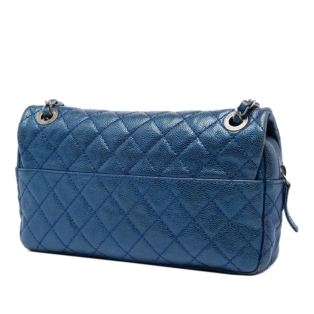 Chanel Medium Quilted Iridescent Caviar Easy Flap Blue Leather Very good - Back View
