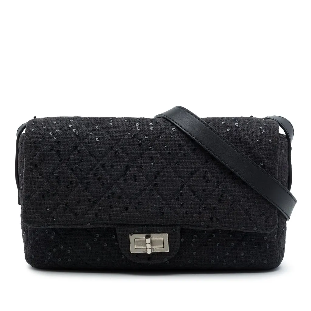 Chanel Jumbo Sequin Embellished Quilted Tweed Reissue 2.55 Messenger Flap Black Tweed Very good - Front View