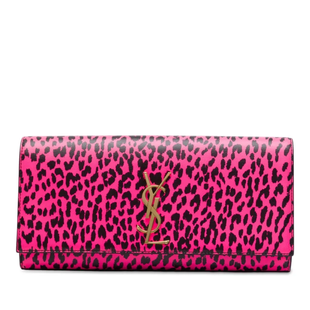 Saint Laurent Leather Leopard Print Monogram Cassandre Clutch Pink Leather Good - Front View