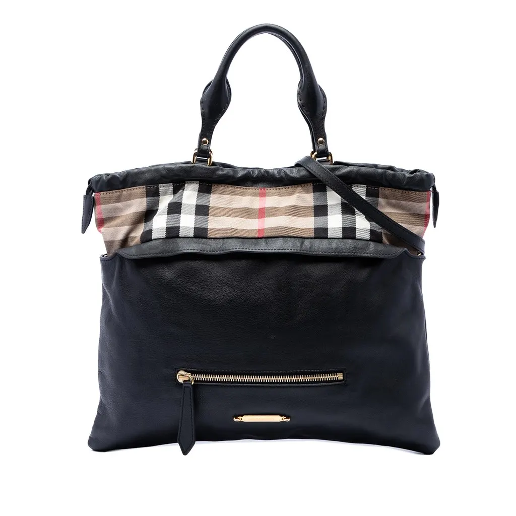 Burberry House Check Trimmed Leather Big Crush Convertible Tote Black Leather Very good - Front View