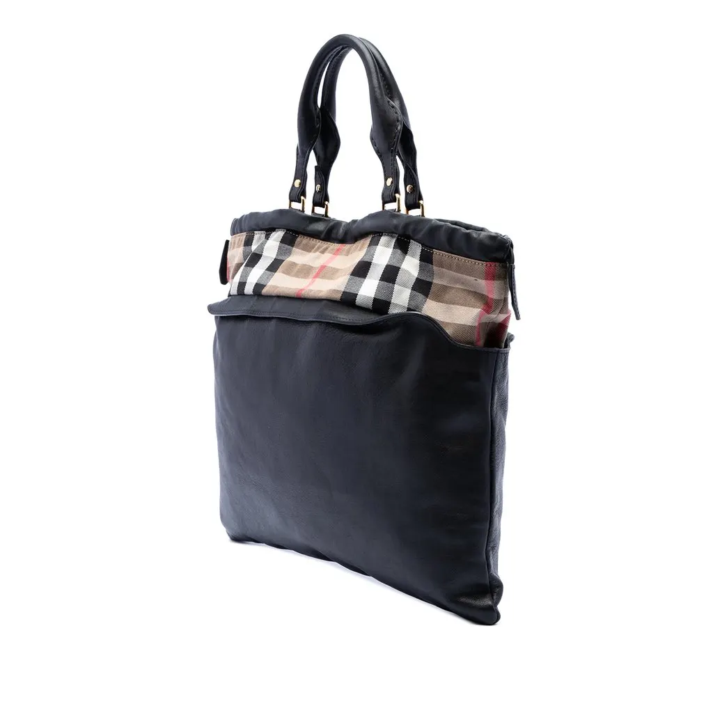 Burberry House Check Trimmed Leather Big Crush Convertible Tote Black Leather Very good - Back View