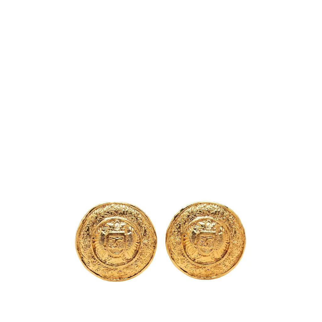 Chanel CC Gold Plated Crest Clip On Earrings Gold Metal Very good - Front View