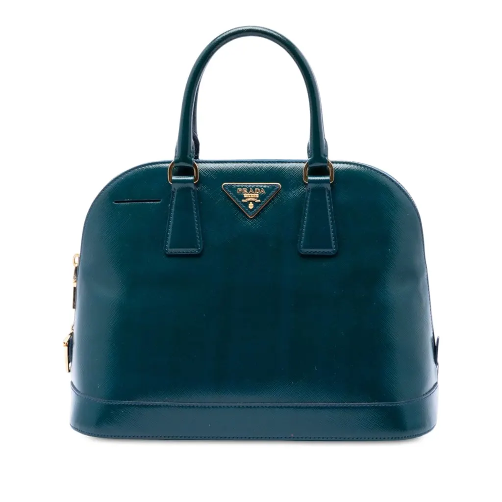 Prada Medium Saffiano Vernice Promenade Satchel Blue Leather Good - Front View
