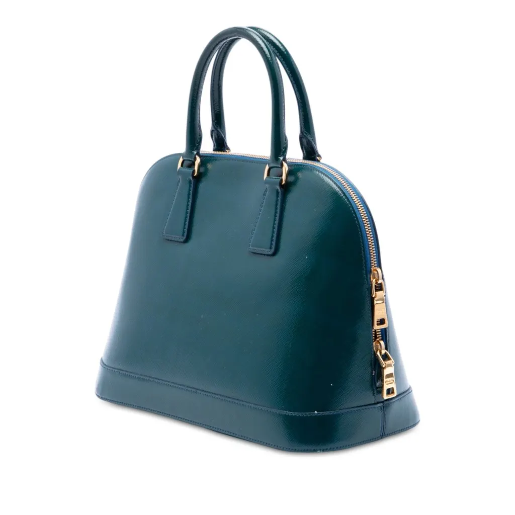 Prada Medium Saffiano Vernice Promenade Satchel Blue Leather Good - Back View