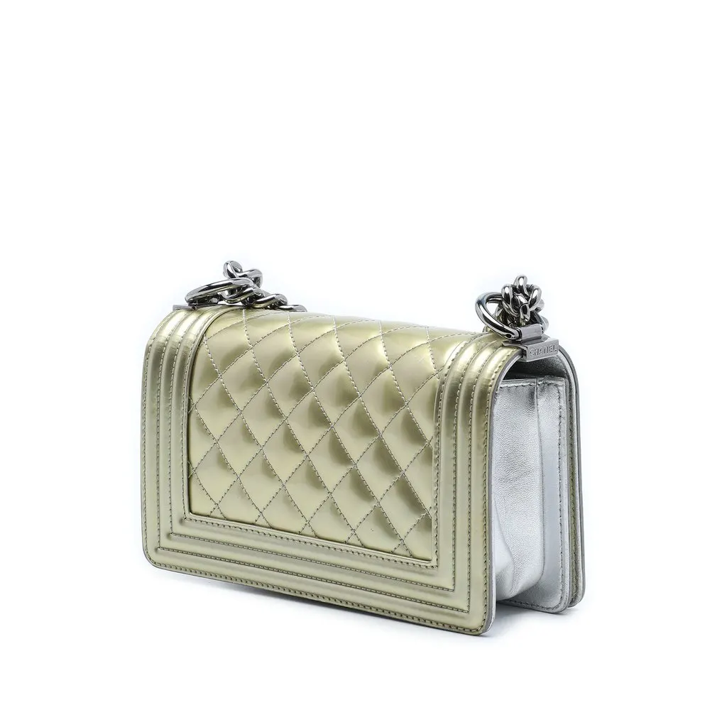 Chanel Small Bicolor Quilted Metallic Patent Boy Flap Gold Leather Very good - Back View