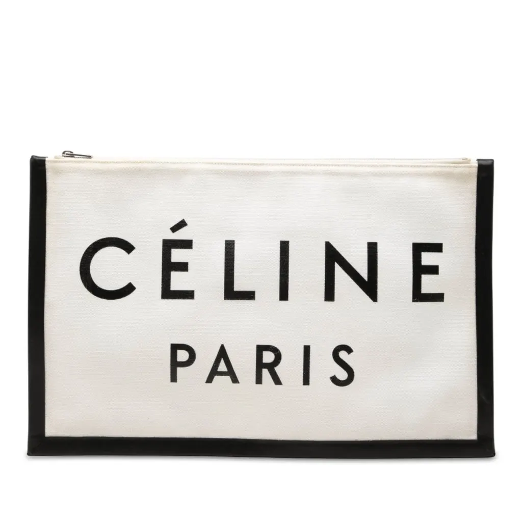 Celine Canvas Logo Clutch White Canvas Very good - Front View