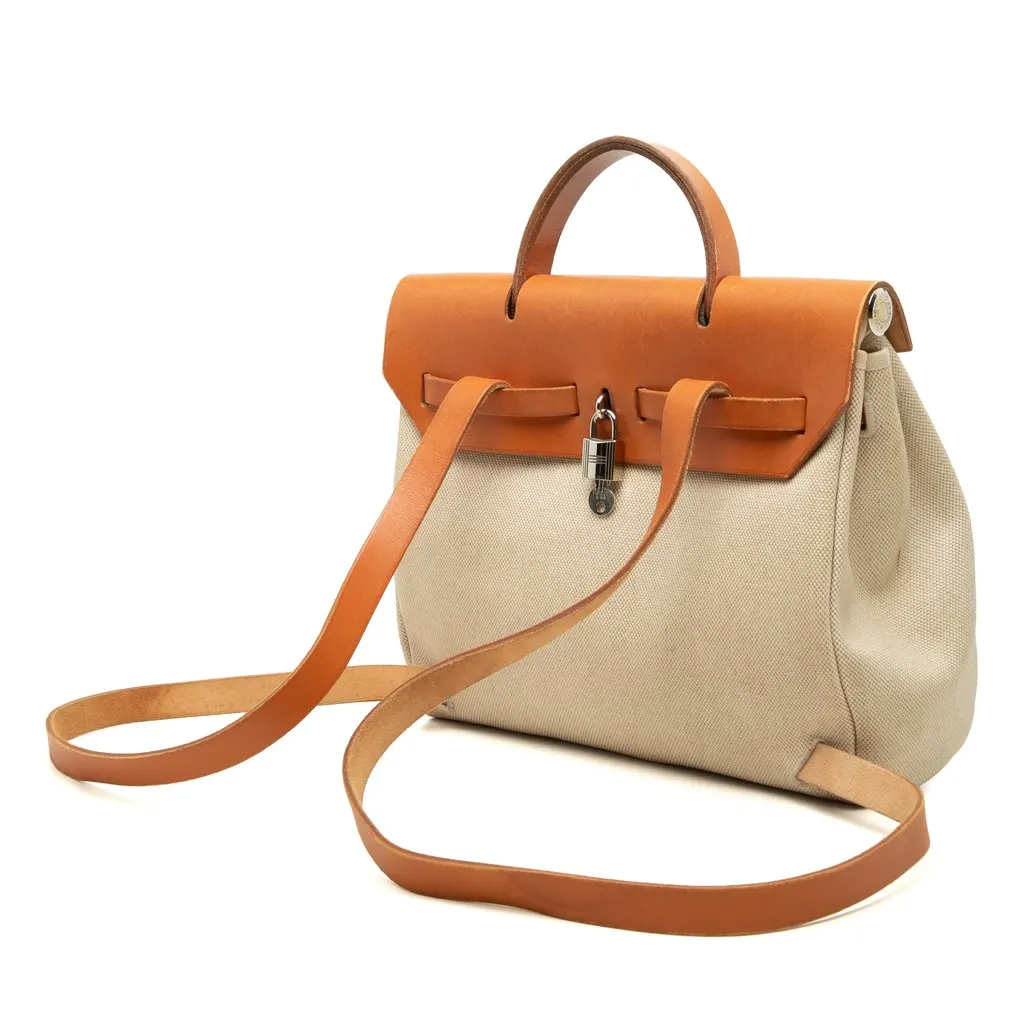 Hermès Toile Herbag Backpack PM Beige Canvas Good - Back View