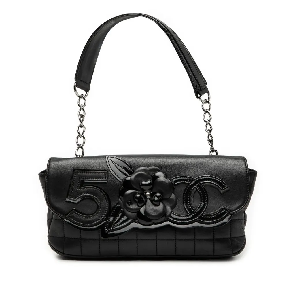 Chanel Camellia CC Choco Bar No 5 Lambskin Shoulder Bag Black Leather Very good - Front View
