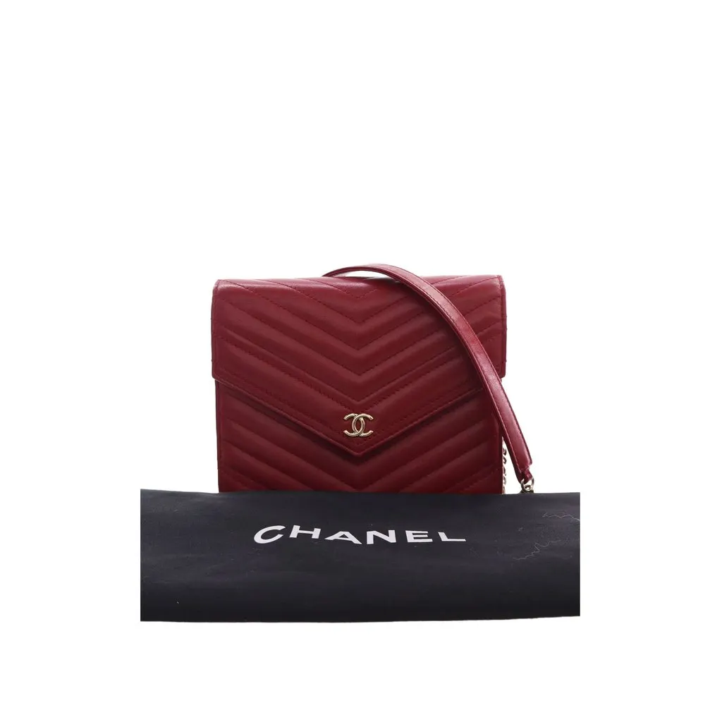 Chanel CC Chevron Lambskin Square Envelope Wallet On Chain Red Leather Very good - Box View