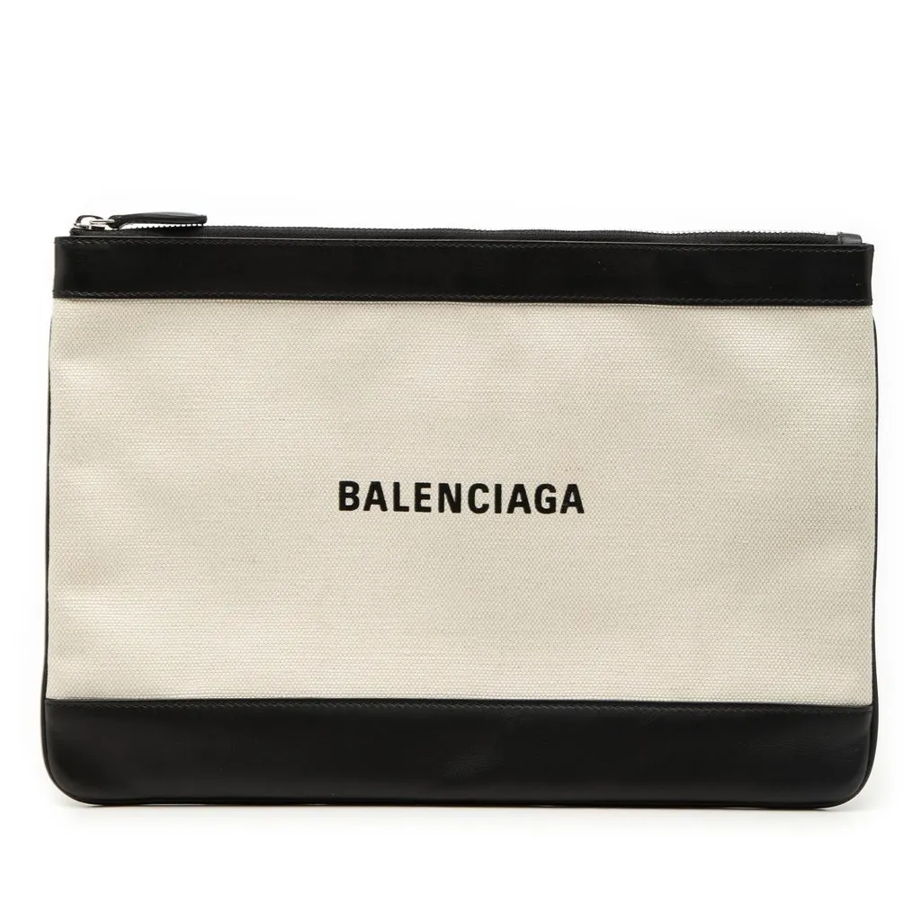 Balenciaga Canvas Navy Clip M Clutch Brown Good - Front View