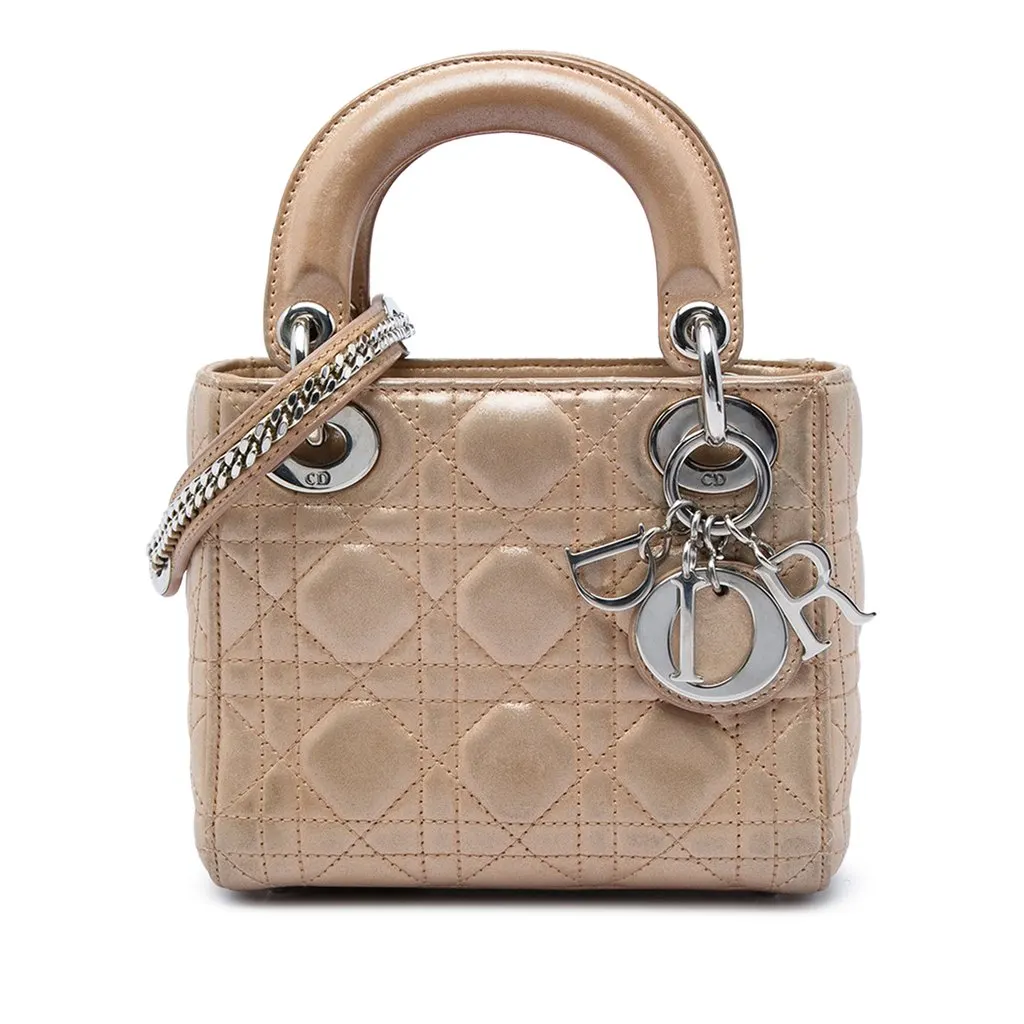 Dior Mini Iridescent Lambskin Cannage Lady Dior Beige Leather Very good - Front View