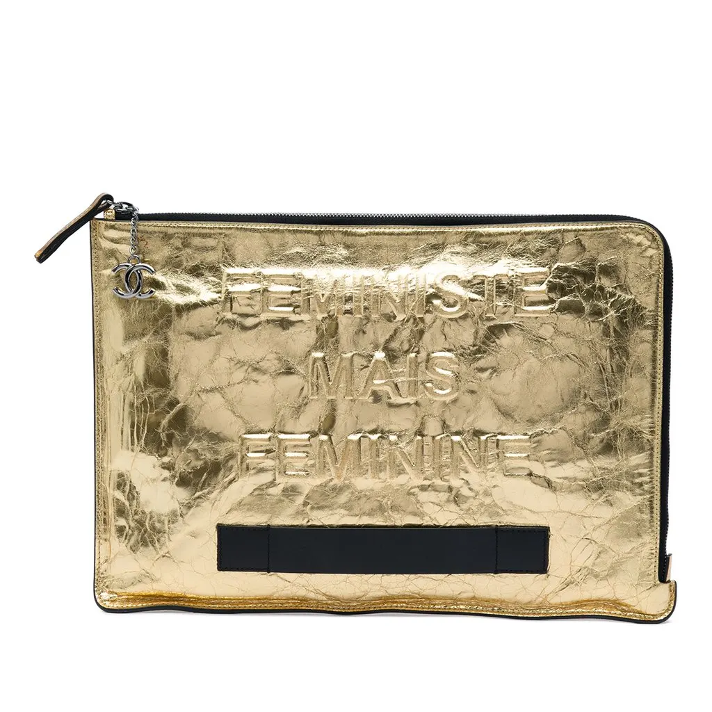Chanel Metallic Crinkled Calfskin Feministe Mais Feminine Pouch Gold Leather Very good - Front View
