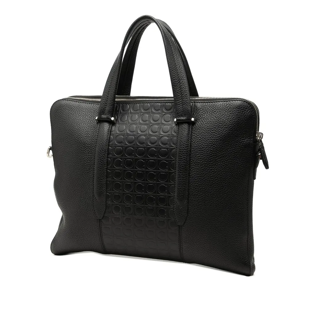 Ferragamo Gancini Embossed Leather Trimmed Business Bag Black Leather Very good - Back View