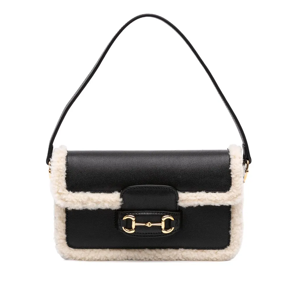Gucci Mini Shearling Calfskin 1955 Horsebit Handbag Black Leather Very good - Front View