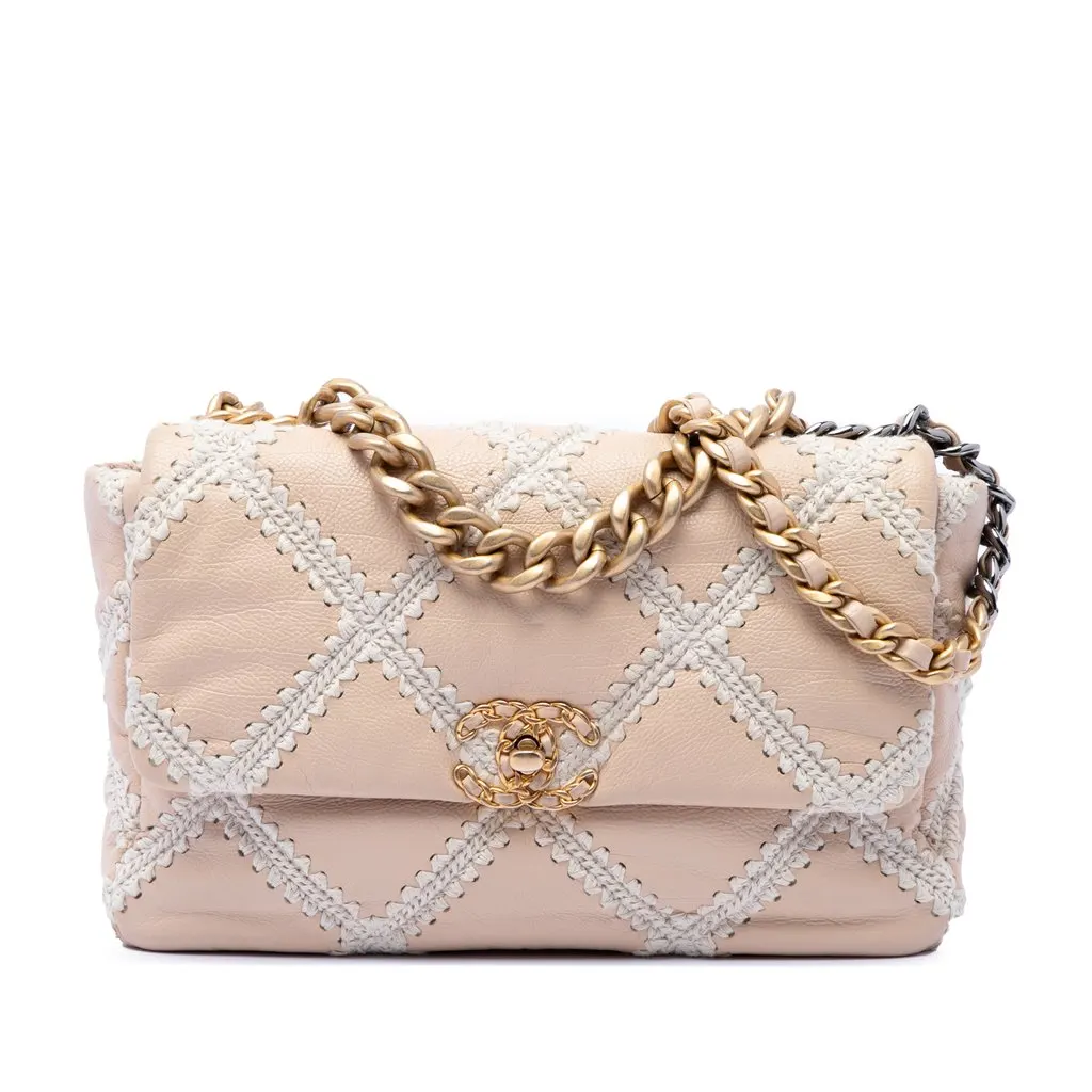 Chanel Large Crochet Calfskin 19 Flap Beige Leather Very good - Front View