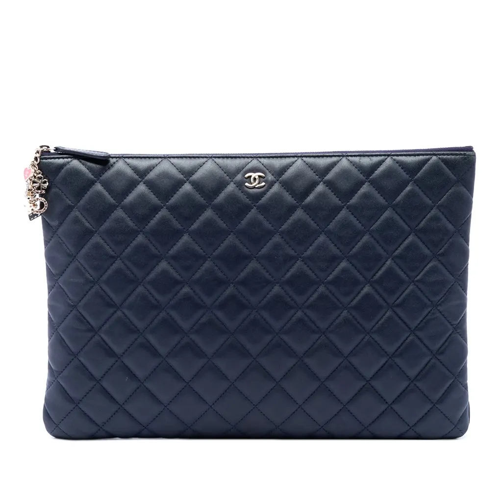 Chanel Large Quilted Lambskin Casino Charms O Case Clutch Blue Leather Very good - Front View