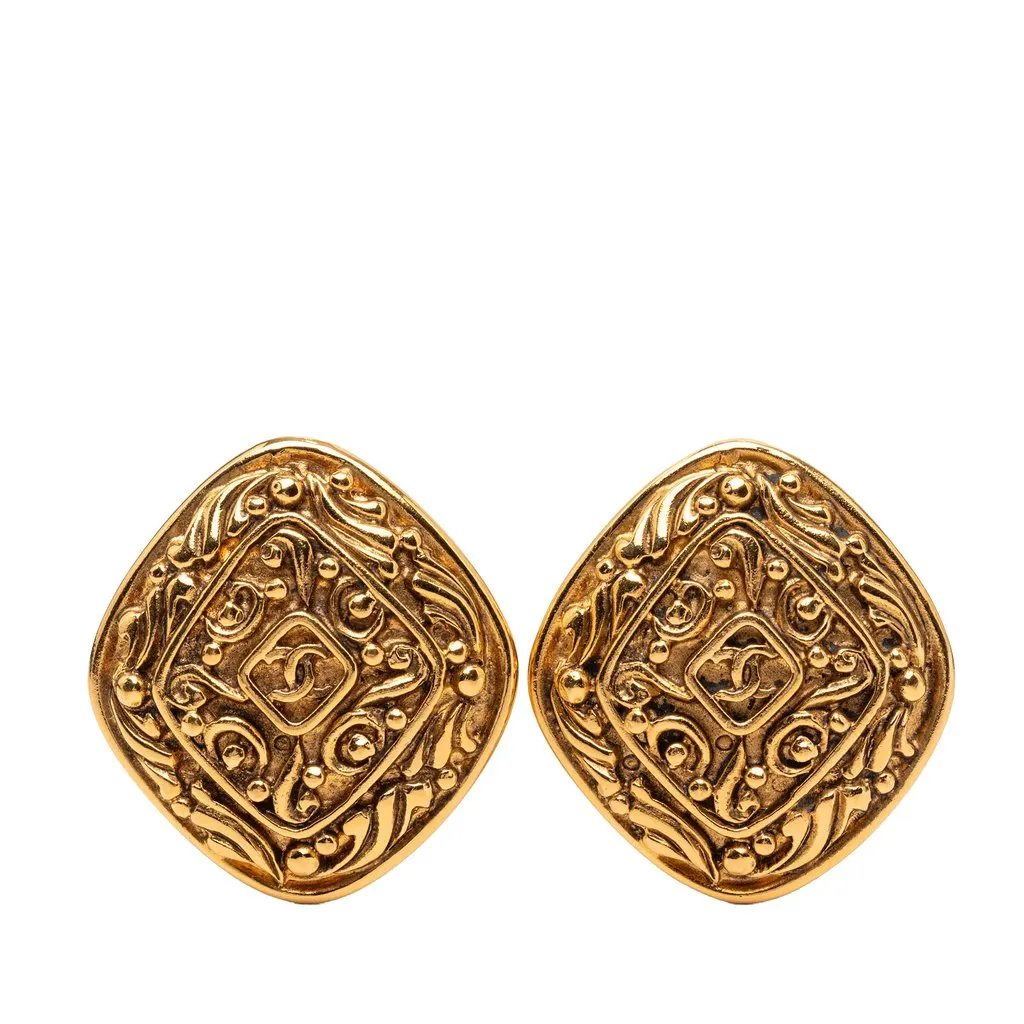 Chanel CC Gold Plated Diamond Clip On Earrings Gold Metal Very good - Front View