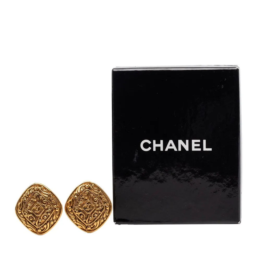 Chanel CC Gold Plated Diamond Clip On Earrings Gold Metal Very good - Model View