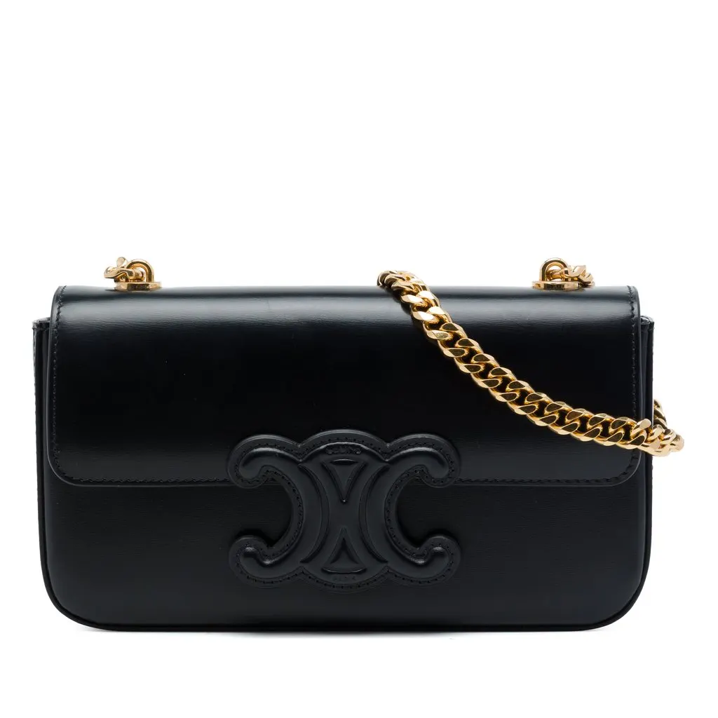 Celine Smooth Calfskin Cuir Triomphe Chain Shoulder Bag Black Leather Very good - Front View