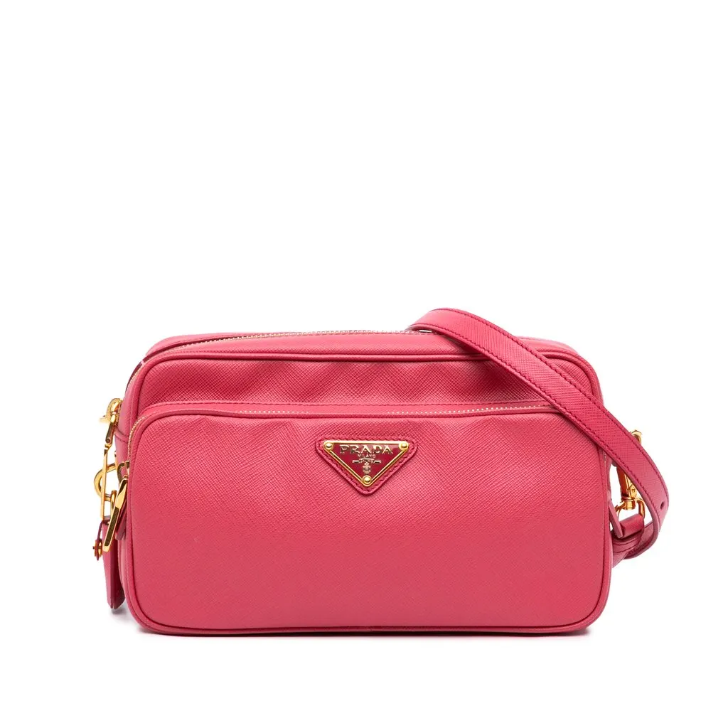 Prada Saffiano Double Zip Camera Bag Pink Leather Very good - Front View