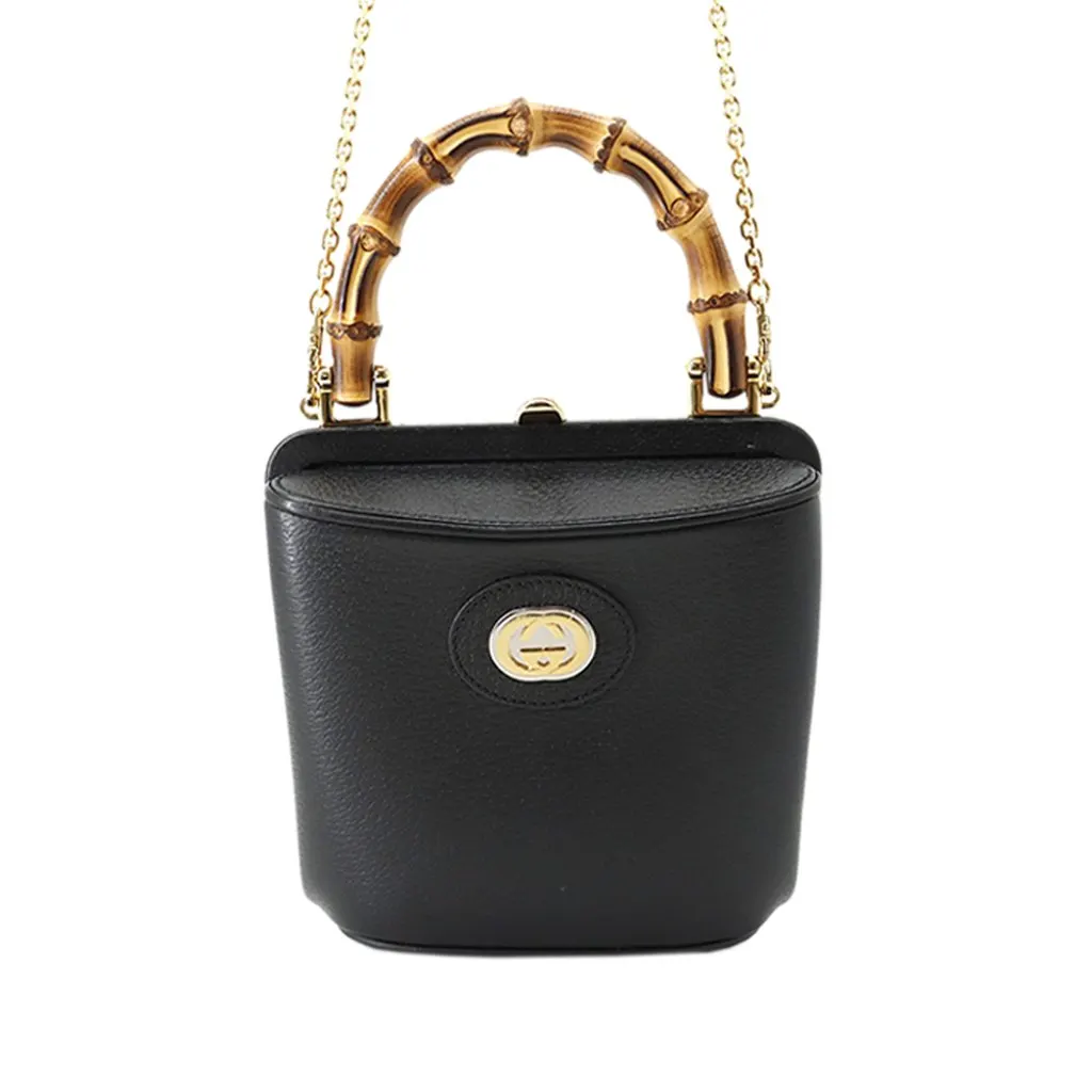 Gucci Mini Dollar Calfskin Bamboo Marina Bucket Bag Black Leather Very good - Front View