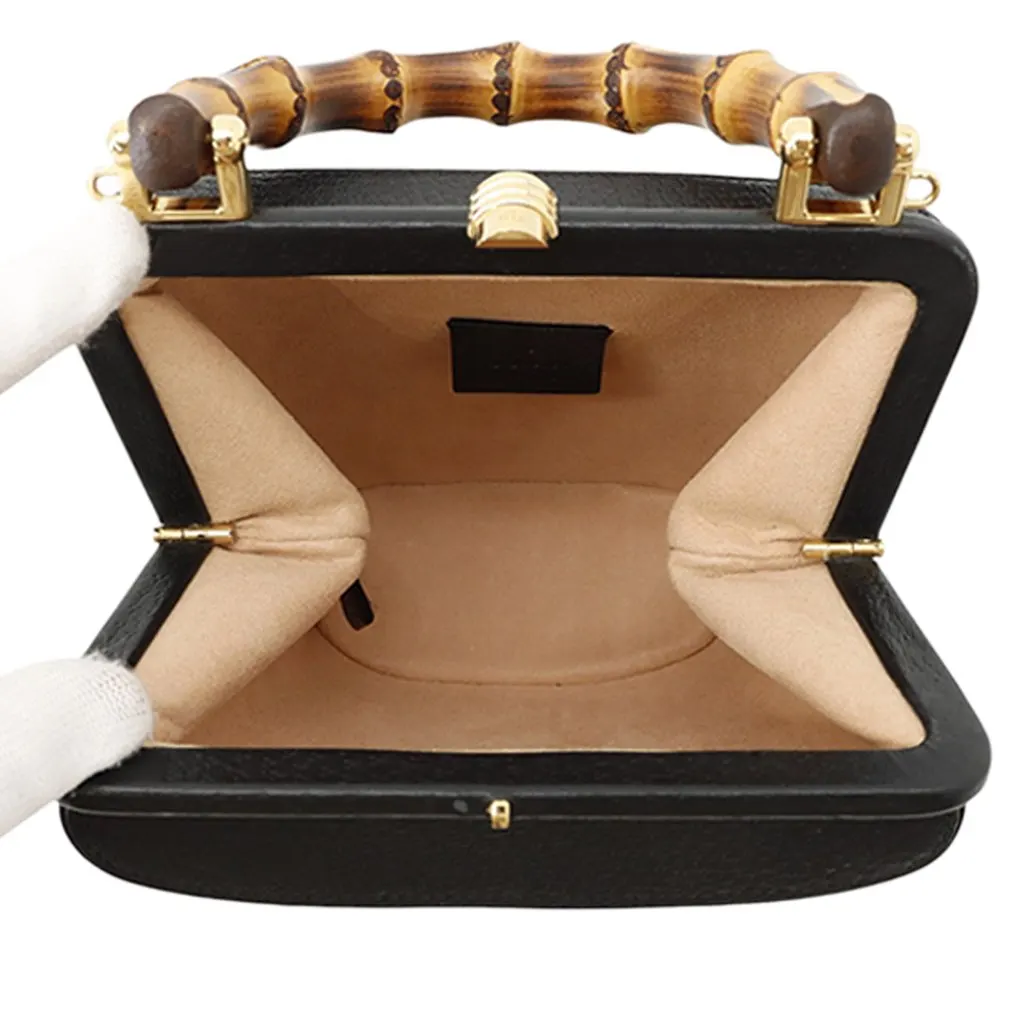 Gucci Mini Dollar Calfskin Bamboo Marina Bucket Bag Black Leather Very good - Model View