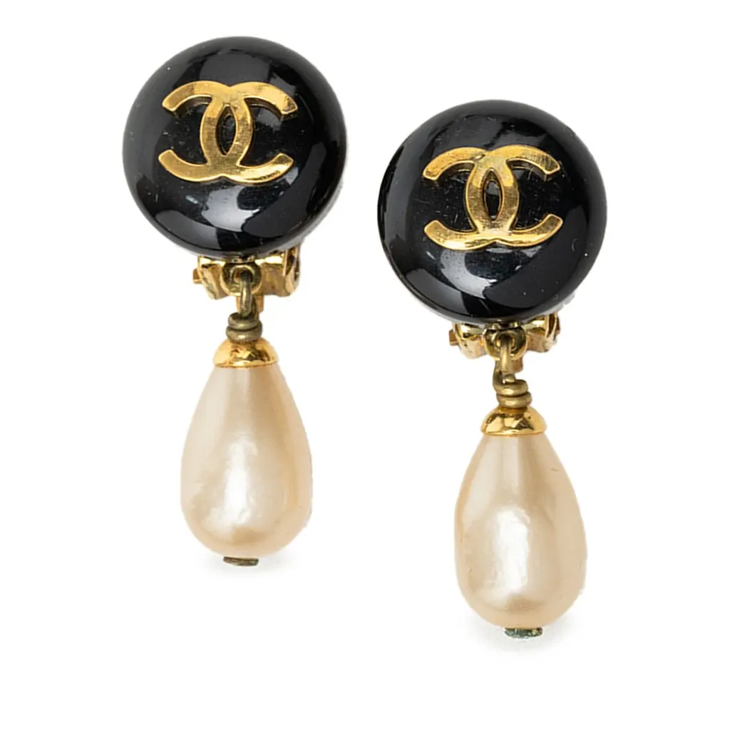 Chanel CC Gold Plated Resin and Faux Pearl Drop Clip On Earrings Black Plastic Very good - Front View