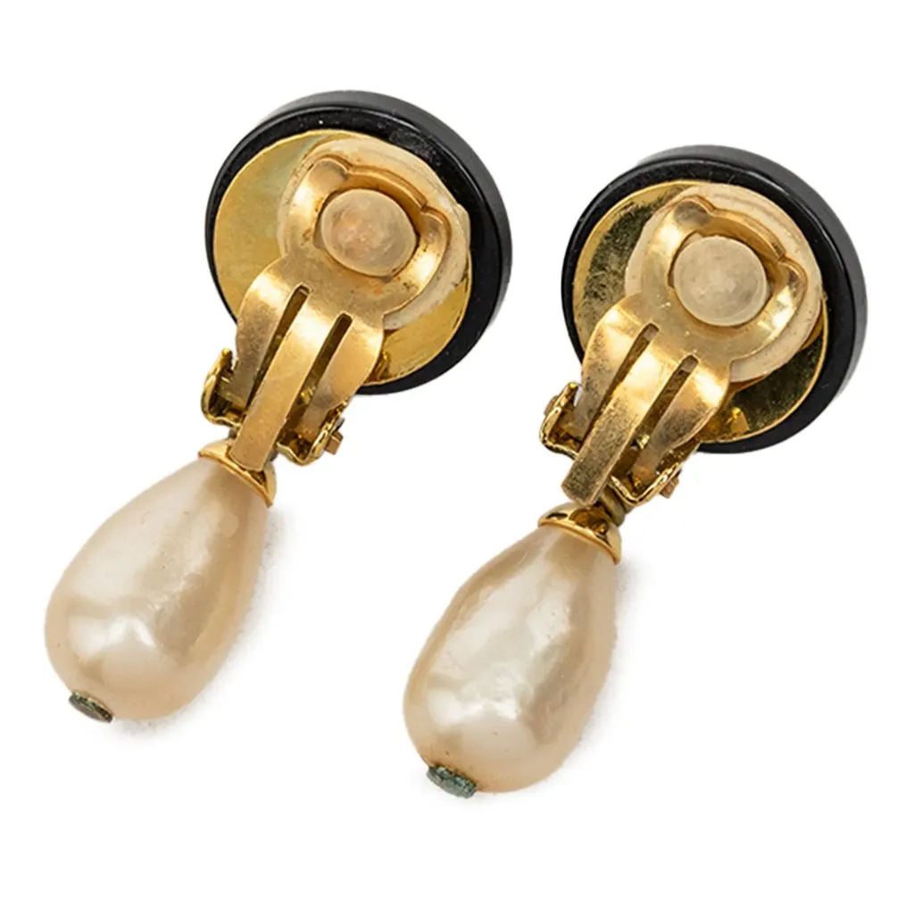 Chanel CC Gold Plated Resin and Faux Pearl Drop Clip On Earrings Black Plastic Very good - Back View