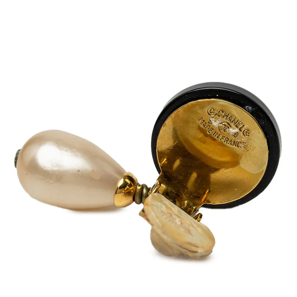 Chanel CC Gold Plated Resin and Faux Pearl Drop Clip On Earrings Black Plastic Very good - Inside View